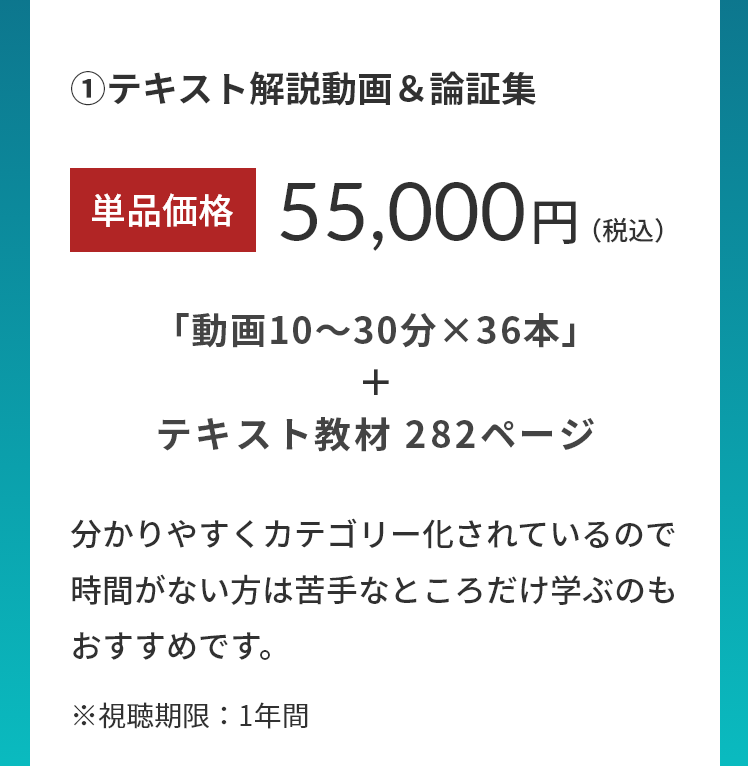 ①テキスト解説動画＆論証集。単品価格55,000円(税込み)