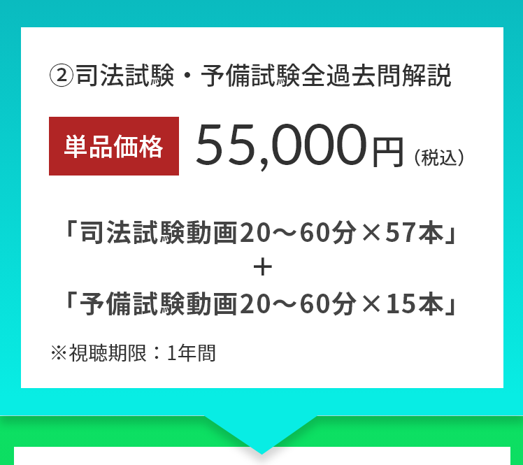 ②司法試験・予備試験全過去問解説。単品価格55,000円(税込み)