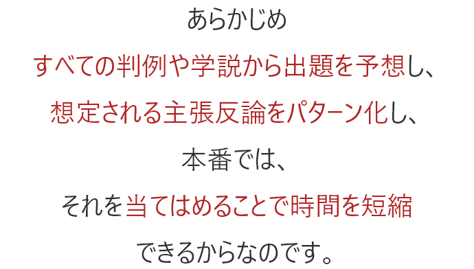 あらかじめすべての判例や学説から出題を予想し、想定される主張反論をパターン化し、本番では、それを当てはめることで時間を短縮できるからなのです。